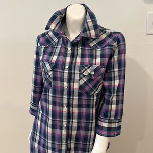 AG Adriano Goldschmied Women’s S Western Plaid Shirt Slim Fit Pearl Snap Buttons